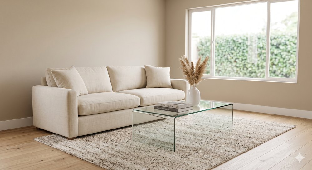 A clean, depersonalized, neutrally staged living room ready for listing photos