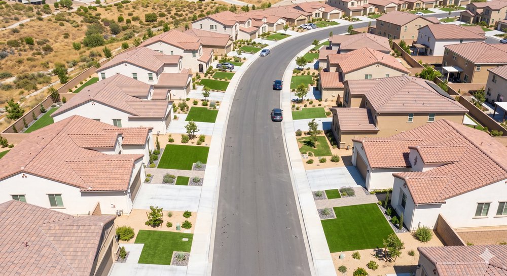 Aerial view of a Santa Clarita single family home neighborhood with streets and rooftops
