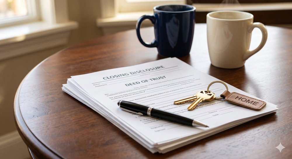 A real estate listing agreement and closing paperwork with house keys and a pen on a table