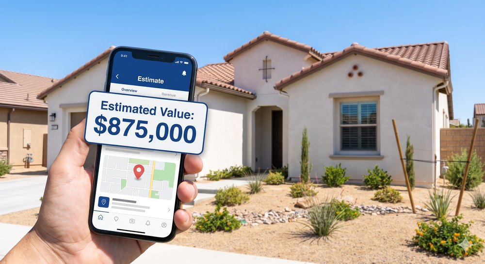 A smartphone showing an automated home value estimate held up in front of the actual house